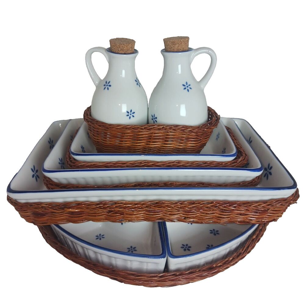 Vintage Handwoven Rattan Serving Trays Set Porcelain Blue White Basket Wicker
